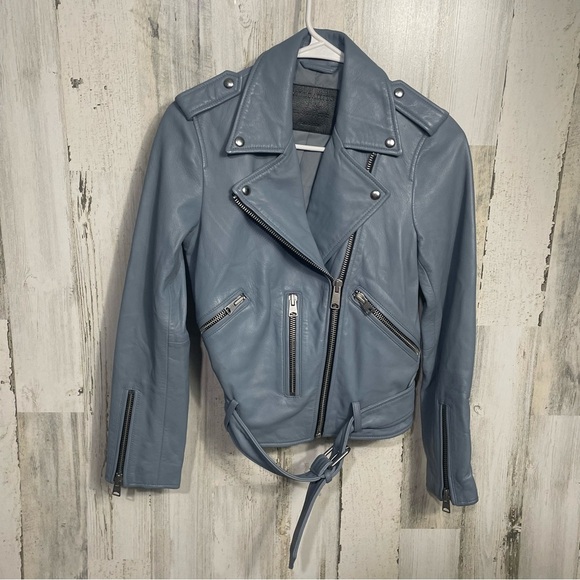 All Saints Jackets & Blazers - All Saints Moto Biker Zippered Belted 100% Lamb Leather Jacket size 0 Blue Gray